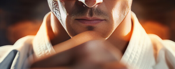 Focused Martial Artist in White Gi with Intense Gaze and Blurred Background