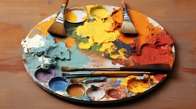 A wooden artist's palette with fresh paint.