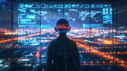 A futuristic depiction of air traffic control, featuring an air traffic controller using advanced augmented reality technology to manage air traffic in a visually immersive environ