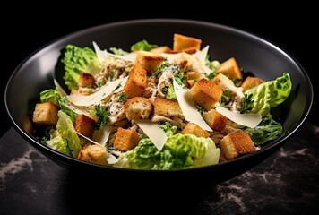 Chicken caesar salad with croutons and dressing on a black background.