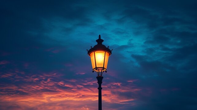 Photograph a solitary street lamp at dusk, with the sky transitioning from day to night. Use the fading natural light to create an elegant and moody atmosphere. [barrister is a mas