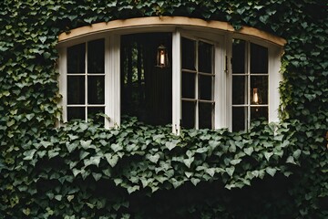 Fototapeta na wymiar Secret Garden Portal - Window Surrounded by Lush Dark Green Ivy