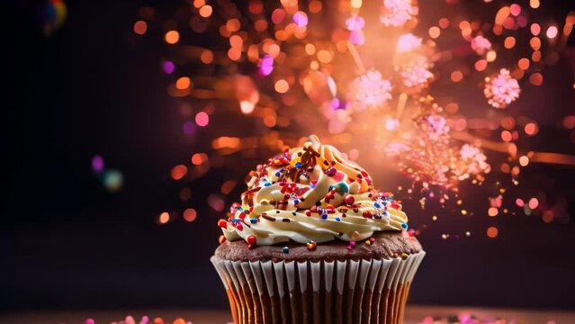 cake with fireworks on top. 4k video animation