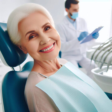Portrait of smiling senior woman sitting in dental chair and looking at camera