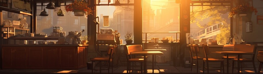 gine A cozy cafe in a bustling city, with sunlight streaming through the windows, highlighting the...