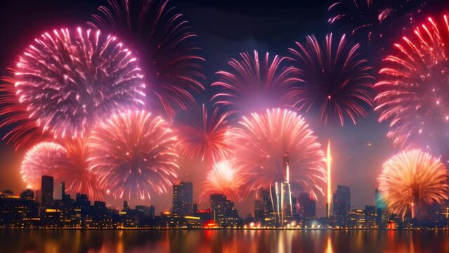 fireworks in cities landscape. 4k video animation