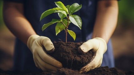 Hand of woman gardener in gloves holds seedling of small apple tree in her hands preparing to plant it in the ground. Tree planting concept