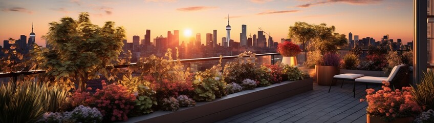 A beautifully landscaped rooftop garden with a variety of potted plants and flowers, overlooking the city skyline during sunset. --ar 5315 --v 5.2 - Image #3 @TEAM