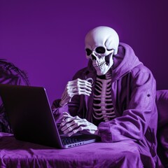 Skeleton using a laptop on a purple background