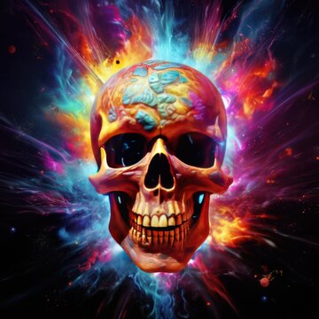 Skull exploding in space colorful