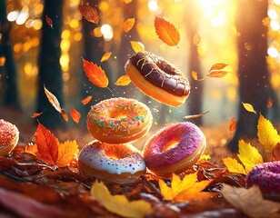 colorful donuts and autumn leaves