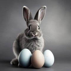 Rabbit Sitting Next to Three Eggs in Garden