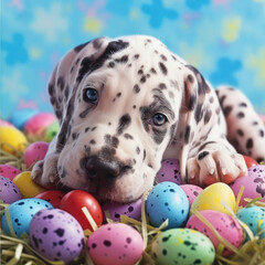 Dalmatian Puppy Laying on Top of a Pile of Eggs