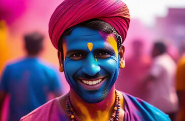 Holi traditions with close-up man Indian face, capturing the spontaneity and excitement of festivities - obrazy, fototapety, plakaty
