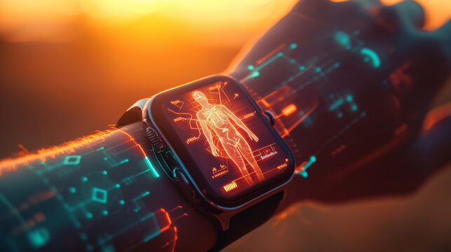 close-up of a person's wrist wearing a smartwatch that displays a futuristic holographic human anatomy diagram