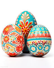 Three Colorful Painted Eggs Sitting Next to Each Other