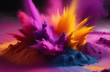 Holi color explosions, focusing on dynamic patterns and textures of powdered pigments in action