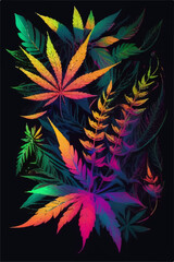 Psychedelic Rainbow Cannabis Leaves in Watercolor