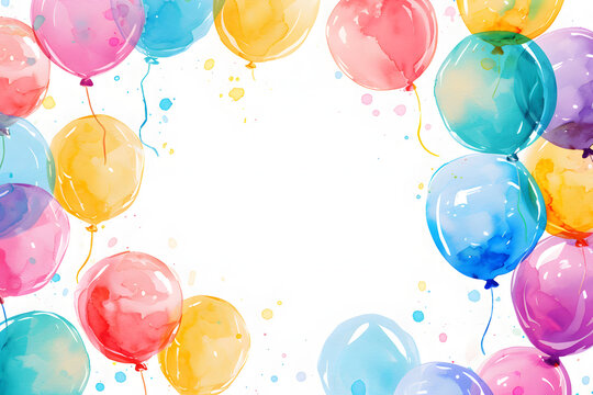 Cute cartoon colorful balloons frame border on background in watercolor style.	