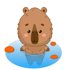 Capybara bathes with tangerines. Kawaii capybara