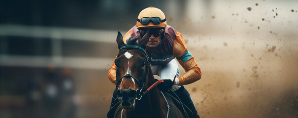 Intense Focus: Jockey and Thoroughbred in Action on a Dusty Racetrack - A Dynamic Equestrian Sport Moment
