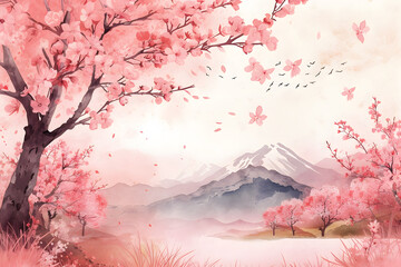 Sakura flower with mountain view landscape background in watercolor style.