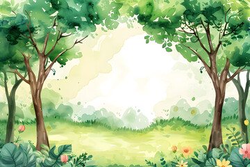 Cute cartoon tree and landscape frame border on background in watercolor style.