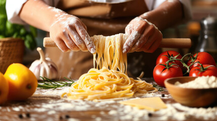 A woman prepares homemade pasta at the table, with fresh tomatoes, garlic and flour lying nearby. - obrazy, fototapety, plakaty