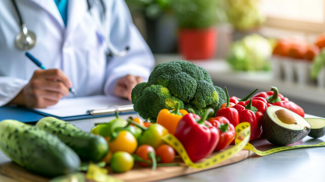 Healthcare professional, presumably a dietitian or nutritionist, with a clipboard in hand, writing notes in front of a table filled with various fresh vegetables