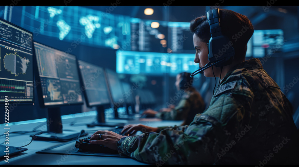 Poster military personnel is focused on monitoring multiple computer screens in a high-tech surveillance ro