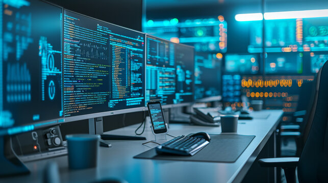 high-tech workstation with multiple computer monitors displaying graphs and analytical data