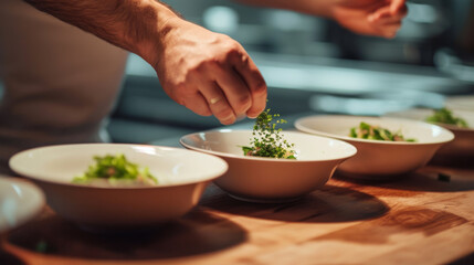 hef garnishing a bowl of noodles with fresh ingredients in a professional kitchen