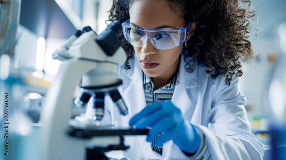 Poster scientist using a microscope in a laboratory setting