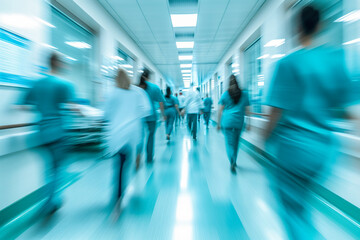 Fototapeta na wymiar Blurred Image of Doctors Walking in Hospital Hall. Movement of Doctors in a Busy Hospital. Healthcare Concept
