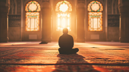 person in a hijab is sitting on the floor of a mosque, illuminated by the warm sunlight filtering through ornate windows - obrazy, fototapety, plakaty