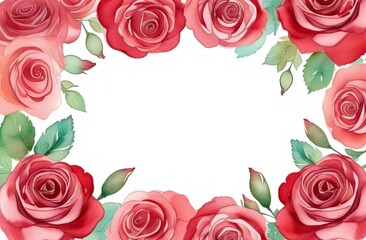 Pastel colors frame with free place for text made from lot of red roses. Greeting card for spring holidays. Template for Birthday, Women's Day, Mother's Day. Floral picture.