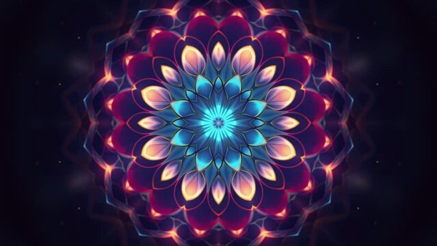 Glowing multicolor mandala with an abstract peaceful kaleidoscopic pattern.