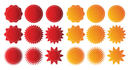 Price sticker. Promo badge starburst. Shape of star for callout, label. Circles for button, tag. Zigzag edge on promotion banner. Gradient color. Stitched zig-zag circle collection. 11:11