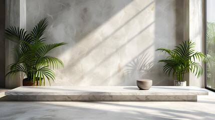 beautiful clean marble platform in minimal modern design, copy space, generative ai