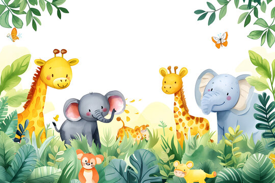 Fototapeta Cute cartoon safari zoo with animal frame border on background in watercolor style.