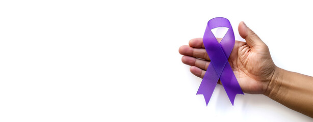 hands holding purple ribbons with top view on white background, Alzheimer's disease, Pancreatic cancer, Epilepsy awareness, World Cancer Day concept