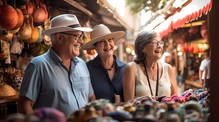 Adventurous senior travelers exploring a vibrant market during a group excursion, embracing cultural experiences