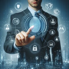 Virtual authentication concept with man in business suit pressing fingerprint button.