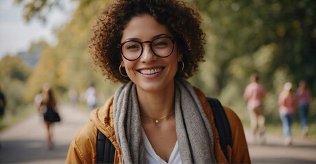 4K resolution portrait of a cheerful woman with glasses, experiencing outdoor delight, shot with a 50mm lens on a Sony camera - obrazy, fototapety, plakaty