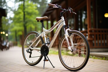 Obraz premium Parked modern bicycle on a paved path with a blurred greenery and cabin background