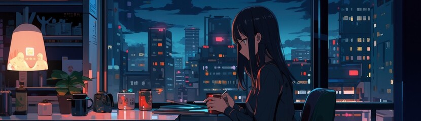 Nighttime Chill, Beautiful Anime Lo-fi Girl in a Relaxed Moment