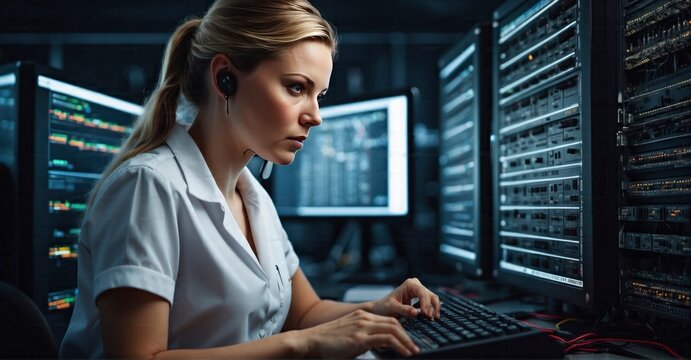 Captivating 4K image a skilled woman IT specialist writing code for computer network up keep