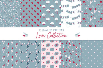 Set of love seamless patterns with hearts and romantic elements. Valentine's Day. Cute retro backgrounds for wedding  invitations, cards, gift wrap. Hand drawn vector illustrations.