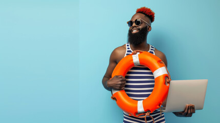 joyful man with red-dyed hair and a full beard, wearing round sunglasses, a striped tank top, holding a laptop in one hand, and an orange lifebuoy in the other