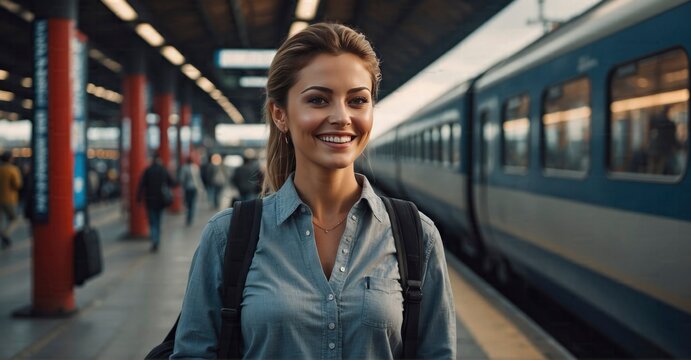 Cheerful Woman By Train Station Board, Facing Camera With A Smile